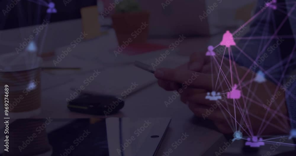 Poster animation of network of connections with icons over caucasian businessman using smartphone