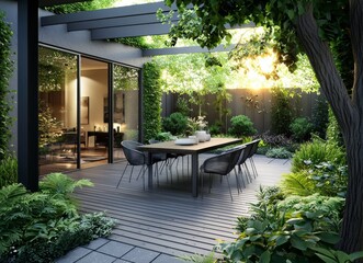 An outdoor table with chairs and a built-in barbeque on a modern home terrace. A 3D rendering and a 3D illustration were created.