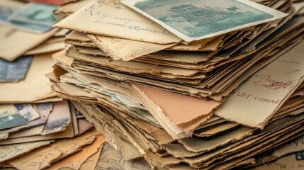 A close-up of a disorganized stack of old photographs and letters, evoking nostalgia.