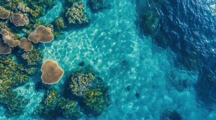 Obraz premium Aerial view of vibrant coral reefs in clear blue water.