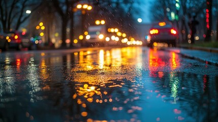 Urban street scene reflecting lights in rainwater at dusk.