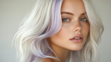 Naklejka premium Platinum blonde hair with pale lavender highlights reflecting soft studio light, hair color trends, elegant and trendy