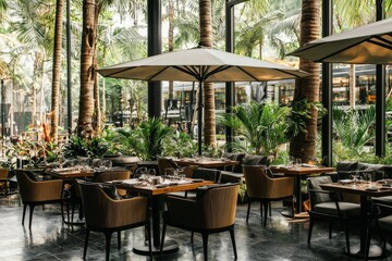 Fototapeta premium The outdoor lounge and restaurant offer views of the pool and garden