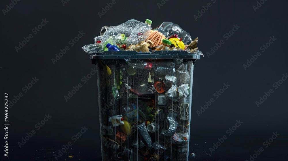 Poster a trash can overflowing with waste and debris, perfect for scenes where pollution or neglect are rel