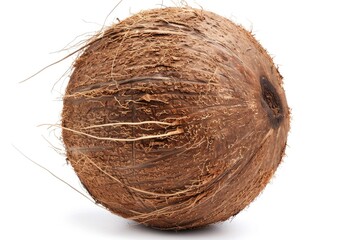 A close-up shot of a coconut on a white surface, ideal for use in food or product photography