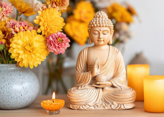Serene Buddha Amidst Floral Tranquility: A wooden Buddha statue exudes peace, nestled among vibrant blooms and flickering candles, creating a serene sanctuary for meditation and mindfulness. 