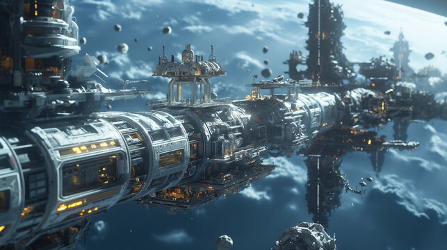 Futuristic space station with intricate architecture floating in outer space.