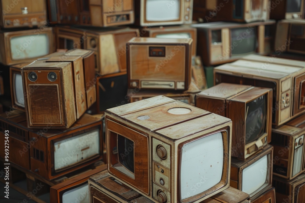 Aufkleber a collection of outdated televisions stacked on top of each other