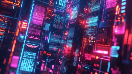 Abstract digital landscape with vibrant neon colors representing data and technology.