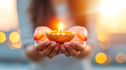 Holding the Light: A woman's hands cradle a flickering candle, bathed in warm, golden light. This image evokes hope, peace, and the power of a single flame in a world of uncertainty.  