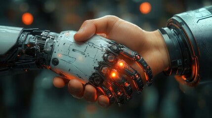 A robotic hand shaking hands with a human hand representing the partnership between humans and AI