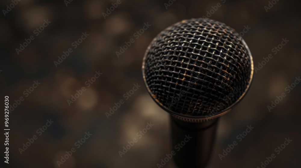 Poster close-up shot of a microphone with blurred background
