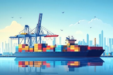 Fototapeta premium Shipping port with cranes, container loading process, flat design illustration
