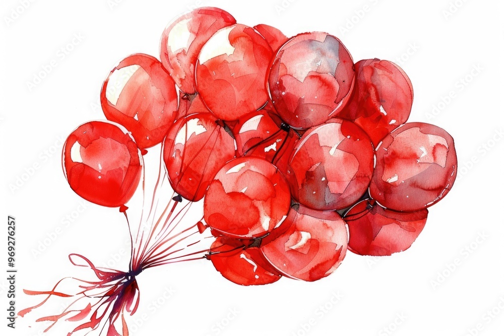 Poster A cluster of red balloons tied together with string against a white background