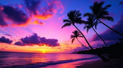 A vibrant sunset over a tropical beach with palm trees silhouetted against colorful skies.