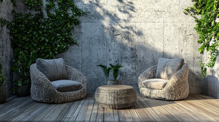 In this 3D rendering, we see the loft style outdoor living area with wooden and concrete floors, rough concrete walls with wood plank textures, and rattan and fabric furniture.