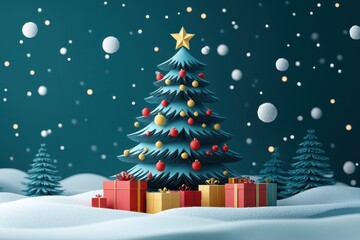 Obraz premium Festive Paper Cut Christmas Tree with Ornaments and Presents Among Snowy Landscape
