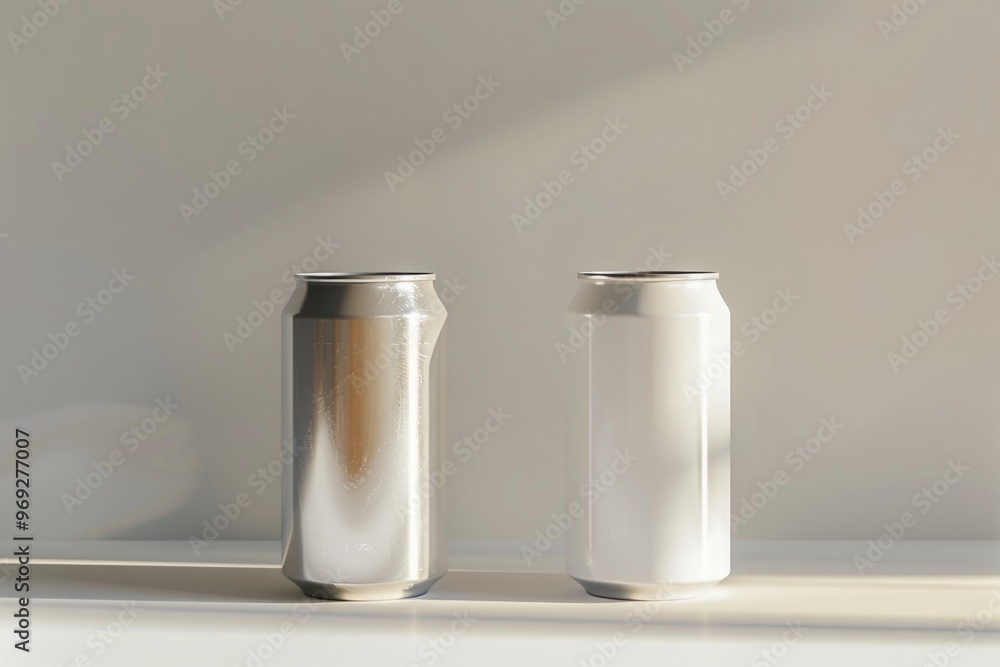 Poster a pair of cans sitting on a table, waiting to be used or stored