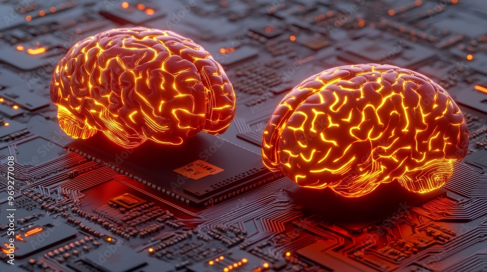 Poster concept of big data and stock market. human brain illuminated from processor, symbolizing the fusion