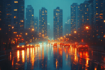 Fototapeta premium A modern cityscape with tall skyscrapers, their lights softly reflected on the rain-slicked streets,