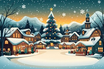 Fototapeta premium Festive Paper Cut Christmas Market in Village Square with Decorated Stalls and Tree Background