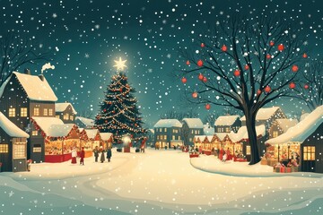 Fototapeta premium Festive Paper Cut Christmas Market in Village Square with Stalls and Tree | Cheerful Holiday Paper Craft Scene