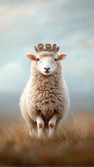 Fototapeta premium A sheep with a decorative crown standing regally in an open, green field.