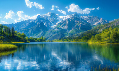 Scenic Alpine Lake in Wasatch Mountains, Salt Lake Utah, USA on a Clear Summer Day with Snowcapped Peaks, Lush Green Forests, Reflection in Water, Ideal for Nature and Travel Concepts