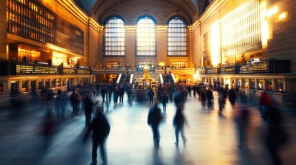 A bustling train station interior with blurred figures, showcasing movement and travel.