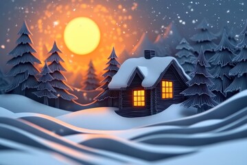 Fototapeta premium Cozy Winter Retreat: Paper Cut Style Snow-Covered Cabin with Glowing Christmas Tree