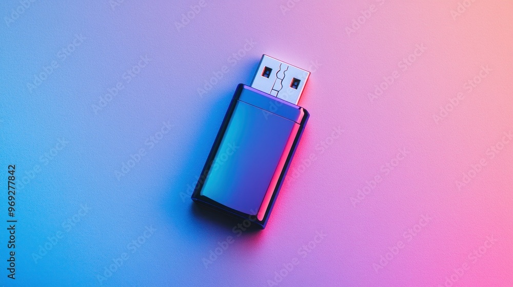 Poster a sleek usb flash drive on a gradient background, representing data storage and transfer.