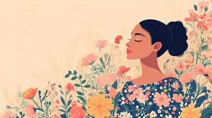 Fototapeta premium A serene portrait of a woman surrounded by blooming flowers, radiating beauty and tranquility in a vibrant floral setting.