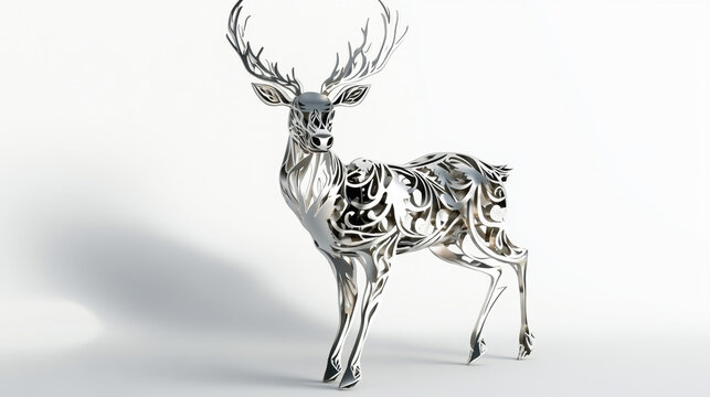 Elegantly crafted metallic sculpture of a deer with intricate detail, showcasing artistic brilliance and fine craftsmanship on a white background.