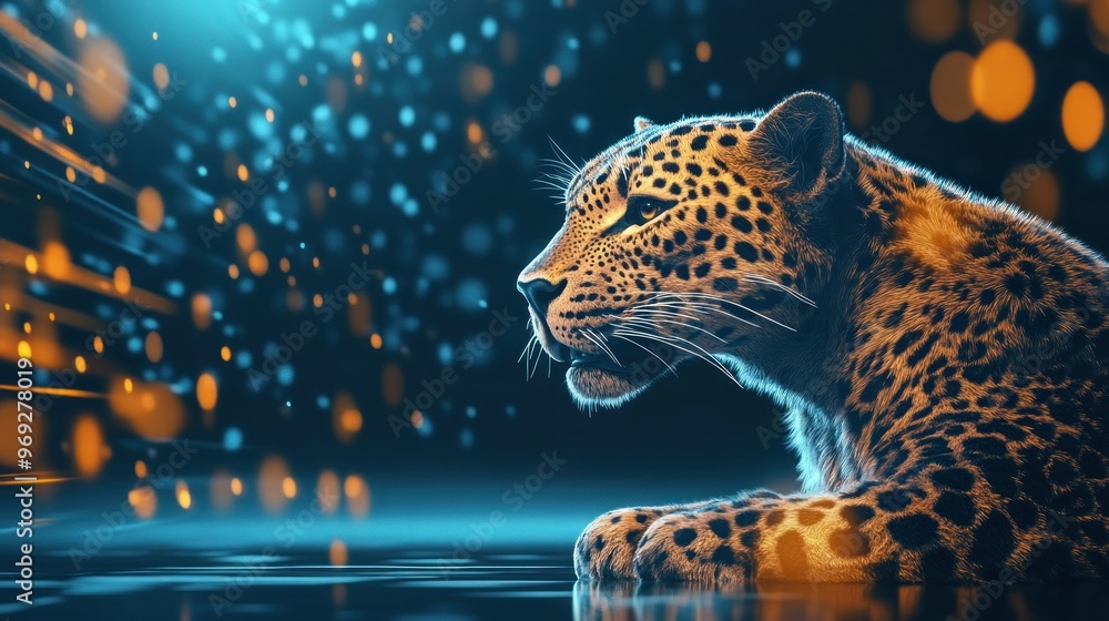 Poster a close-up of a leopard against a backdrop of glowing lights.