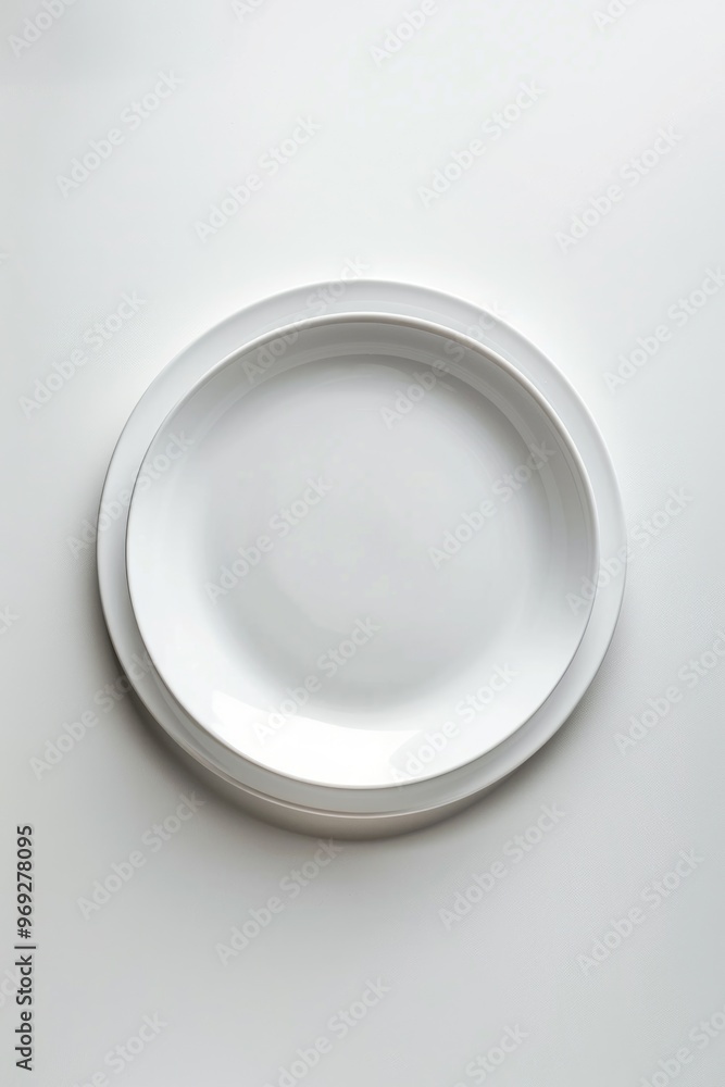 Poster A single white plate sits atop a table with a simple background