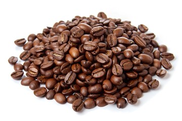 a pile of dark roasted coffee beans, isolated on a white background