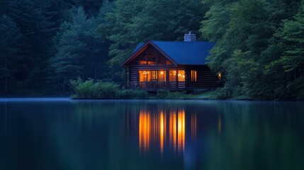 Obraz premium A serene cabin by a lake at dusk, reflecting warm light and surrounded by trees.
