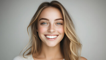 Naklejka premium Happy confident young woan with natural skin, healthy hair and white teeth. Grey background with copy space.&nbsp;