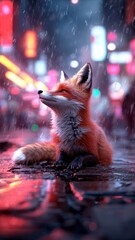 Vibrant image of a fox exploring a city street bathed in neon lights, with colorful reflections enhancing its sleek appearance and curiosity.