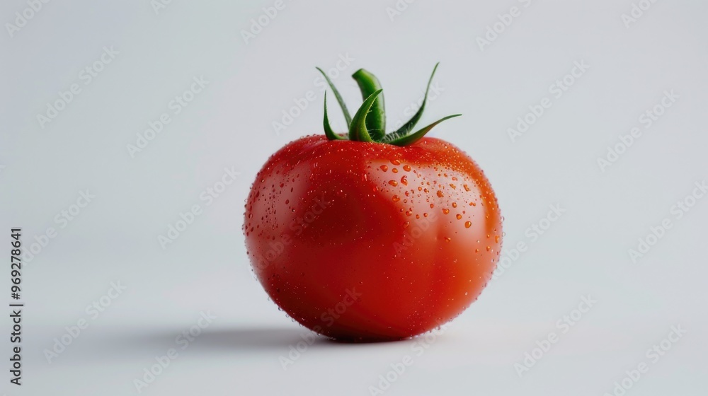 Poster a close-up shot of a single tomato with water droplets on its surface