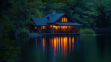 Fototapeta premium A cozy cabin illuminated at dusk by a serene lake, reflecting warm lights and nature.