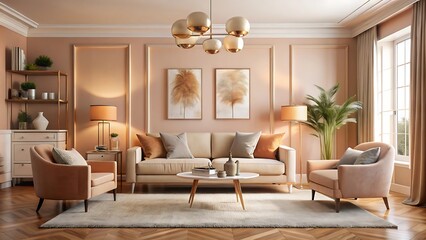 A contemporary interior featuring Peach Fuzz accents on walls, furniture, and decor, creating a warm and inviting atmosphere.