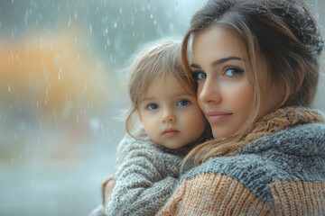 A mother in a cozy knit sweater, holding her child close,