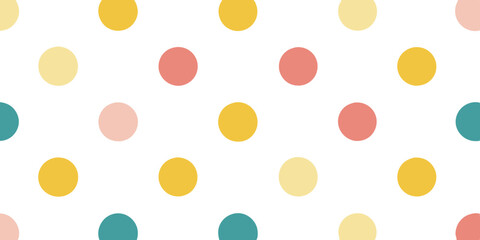 a pattern of polka dots on a white background. The dots are arranged in a grid-like pattern and come in various colors, including yellow, coral pink, teal, and a light peach