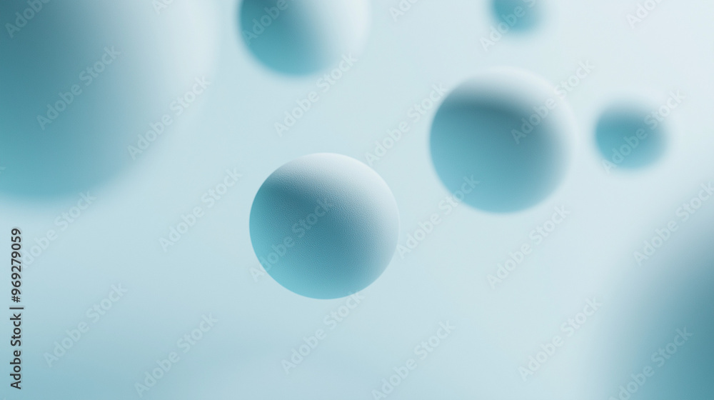 Wall mural Multiple spherical objects of varying sizes, floating against a light blue background. The spheres are uniformly colored in a soft shade of blue and are positioned at different depths