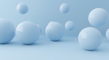 Multiple spherical objects of varying sizes, floating against a light blue background. The spheres are uniformly colored in a soft shade of blue and are positioned at different depths