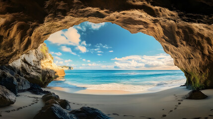 a beach cave with an opening overlooking the expansive ocean