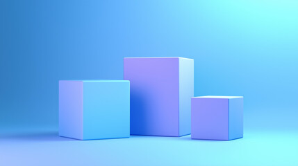 Obraz premium Three 3D cubes of varying sizes, positioned on a gradient blue background. The largest cube is on the left, slightly tilted, and is a shade of light blue. The middle cube is of a medium size