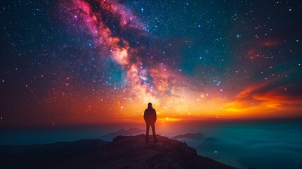 Person silhouette looking at the Milky Way galaxy at night, astronomy image