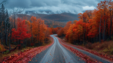 Obraz premium Beautiful highway in autumn with lots of colorful trees and autumnal mood, magical road driving through the forests